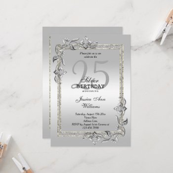 Silver Gem & Glitter 25th Birthday Party Invitation by shm_graphics at Zazzle