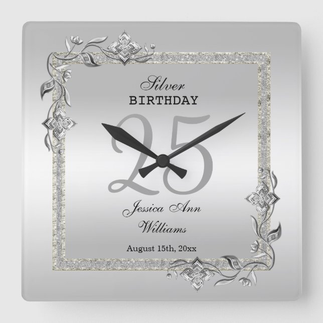 Silver Gem & Glitter 25th Birthday Party Square Wall Clock (Front)