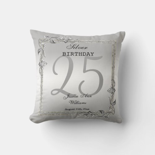 Silver Gem  Glitter 25th Birthday Party Throw Pillow