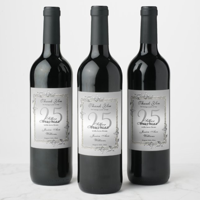 Silver Gem & Glitter 25th Birthday Party Wine Label (Bottles)