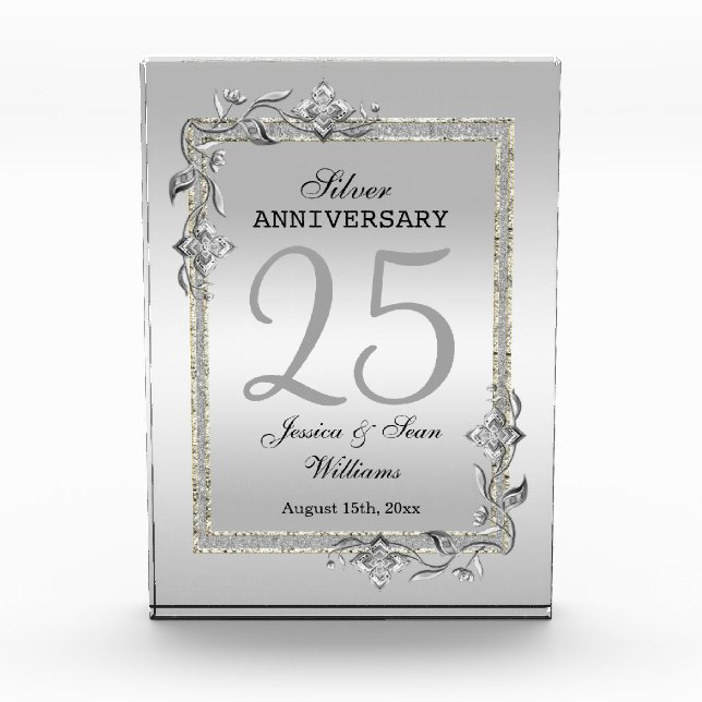 Silver Gem & Glitter 25th Wedding Anniversary Acrylic Award (Front)