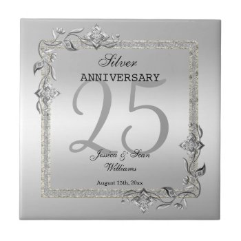 Silver Gem & Glitter 25th Wedding Anniversary Ceramic Tile by shm_graphics at Zazzle