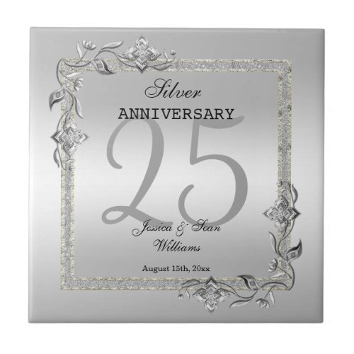 Silver Gem  Glitter 25th Wedding Anniversary Ceramic Tile