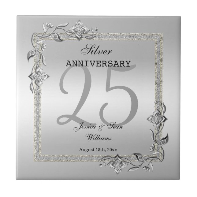 Silver Gem & Glitter 25th Wedding Anniversary Ceramic Tile (Front)