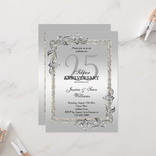 Silver Gem  Glitter 25th Wedding Anniversary Invitation