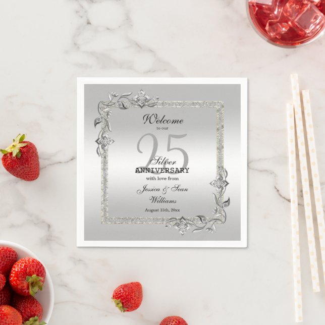 Silver Gem & Glitter 25th Wedding Anniversary Napkins (Insitu)
