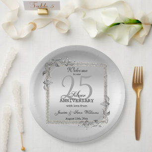 Silver Gem & Glitter 25th Wedding Anniversary Paper Plates