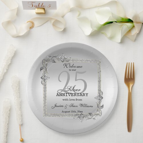 Silver Gem  Glitter 25th Wedding Anniversary Paper Plates