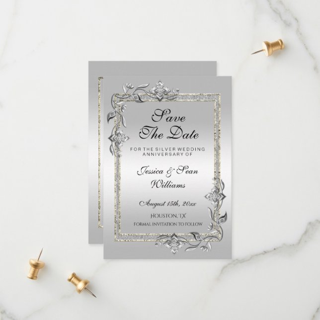 Silver Gem & Glitter 25th Wedding Anniversary Save The Date (Front/Back In Situ)