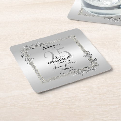 Silver Gem  Glitter 25th Wedding Anniversary Square Paper Coaster