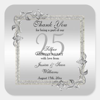 Silver Gem & Glitter 25th Wedding Anniversary Square Sticker by shm_graphics at Zazzle