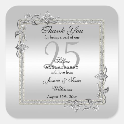 Silver Gem  Glitter 25th Wedding Anniversary Square Sticker