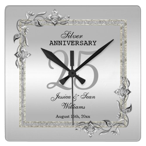 Silver Gem &amp; Glitter 25th Wedding Anniversary Square Wall Clock