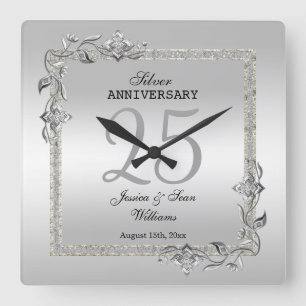 Silver Gem & Glitter 25th Wedding Anniversary Square Wall Clock