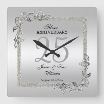 Silver Gem & Glitter 25th Wedding Anniversary Square Wall Clock by shm_graphics at Zazzle