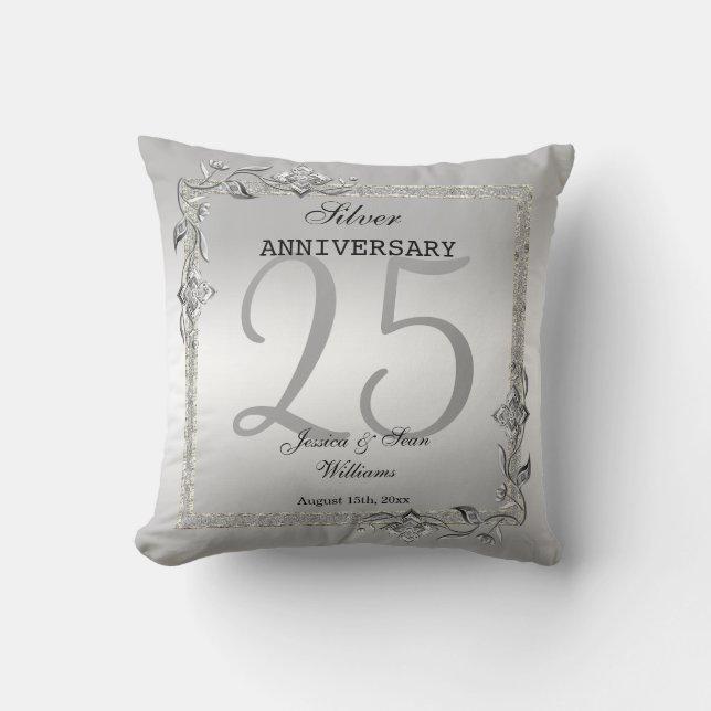 Silver Gem & Glitter 25th Wedding Anniversary Throw Pillow (Front)