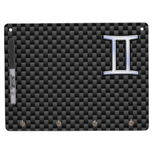 Silver Gemini Sign on Charcoal Carbon Fiber Print Dry Erase Board With Keychain Holder