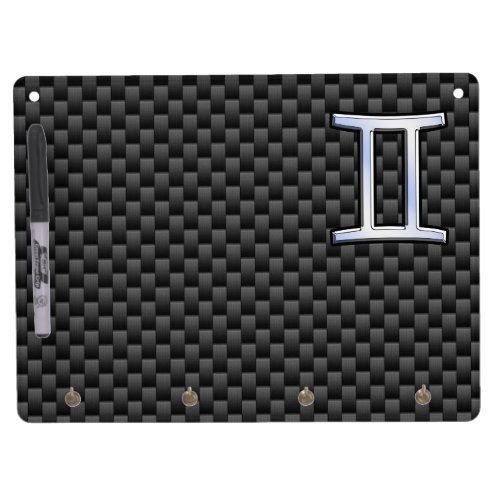 Silver Gemini Sign on Charcoal Carbon Fiber Print Dry Erase Board With Keychain Holder