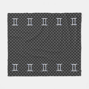 Silver Gemini Sign on Charcoal Carbon Fiber Print Fleece Blanket