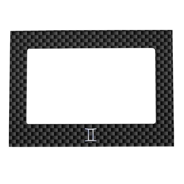 Silver Gemini Sign on Charcoal Carbon Fiber Print Magnetic Frame (Front)