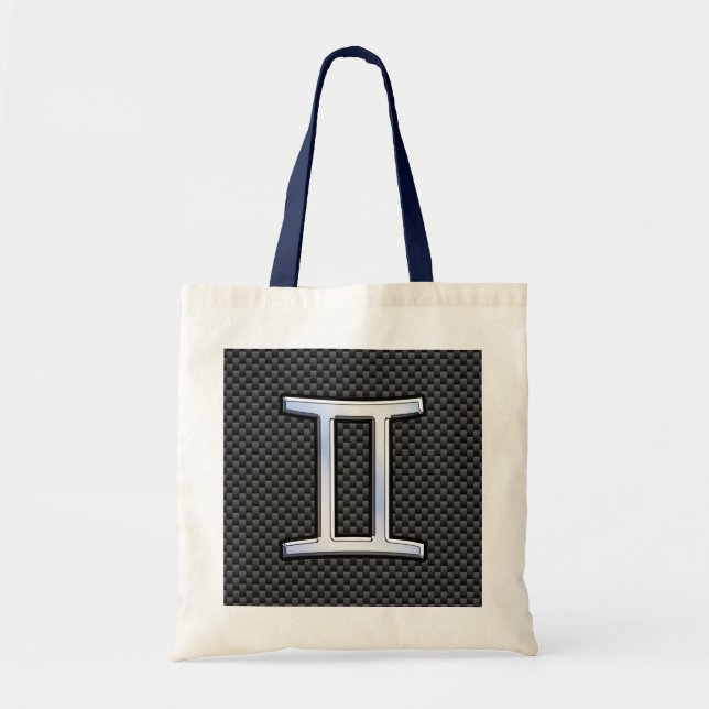 Silver Gemini Sign on Charcoal Carbon Fiber Print Tote Bag (Front)