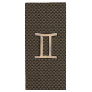 Silver Gemini Sign on Charcoal Carbon Fiber Print Wood USB Flash Drive