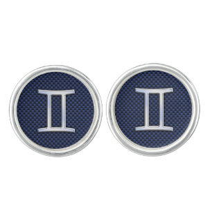 Silver Gemini Zodiac Sign Blue Carbon Fiber Print Cufflinks