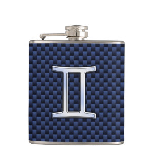 Silver Gemini Zodiac Sign Blue Carbon Fiber Print Flask