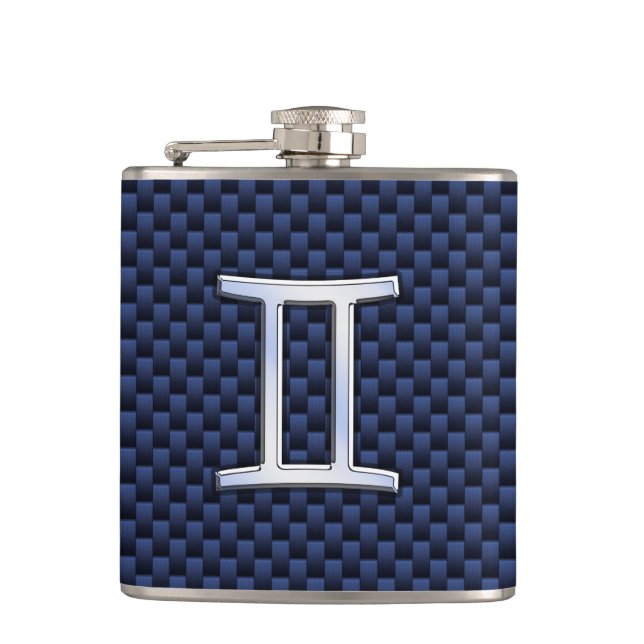 Silver Gemini Zodiac Sign Blue Carbon Fiber Print Flask (Front)