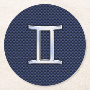 Silver Gemini Zodiac Sign Blue Carbon Fiber Print Round Paper Coaster