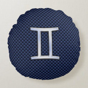 Silver Gemini Zodiac Sign Blue Carbon Fiber Print Round Pillow