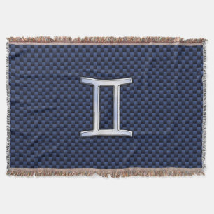 Silver Gemini Zodiac Sign Blue Carbon Fiber Print Throw Blanket