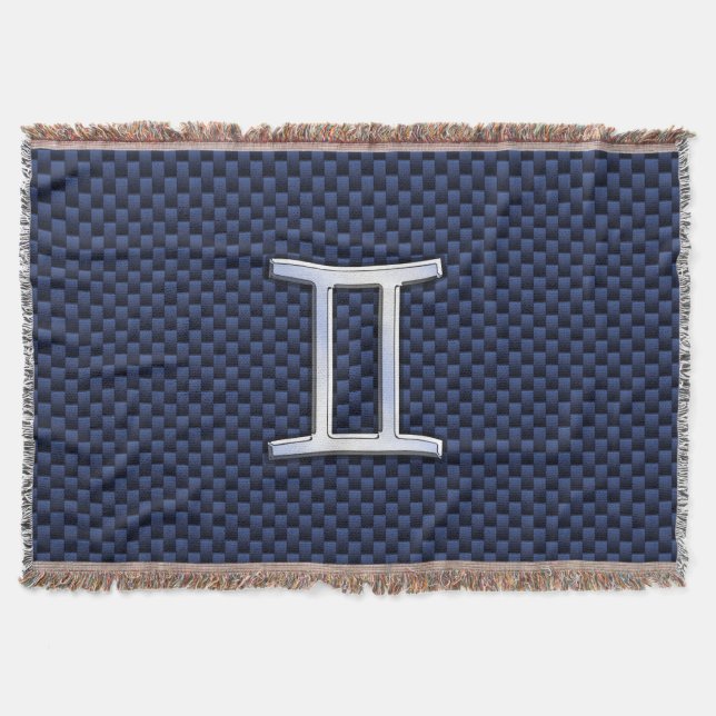 Silver Gemini Zodiac Sign Blue Carbon Fiber Print Throw Blanket (Front)