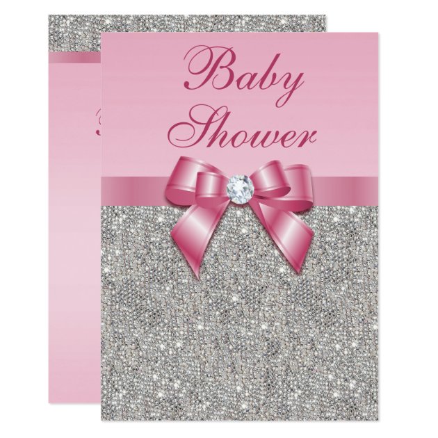 Silver Gems, Bow & Diamonds Girls Pink Baby Shower Invitation