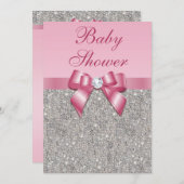 Silver Gems, Bow & Diamonds Girls Pink Baby Shower Invitation (Front/Back)