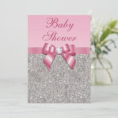Silver Gems, Bow & Diamonds Girls Pink Baby Shower Invitation (Standing Front)