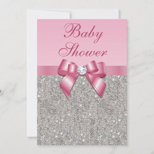 Silver Gems Bow  Diamonds Girls Pink Baby Shower Invitation