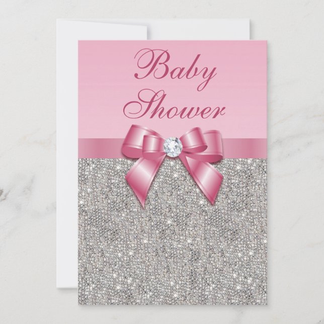 Silver Gems, Bow & Diamonds Girls Pink Baby Shower Invitation (Front)