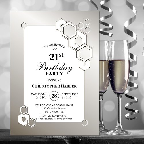 Silver Geometric 21st Birthday Party Invitation