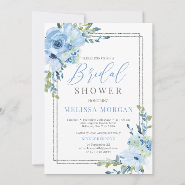 Silver geometric and blue floral rustic bridal invitation (Front)