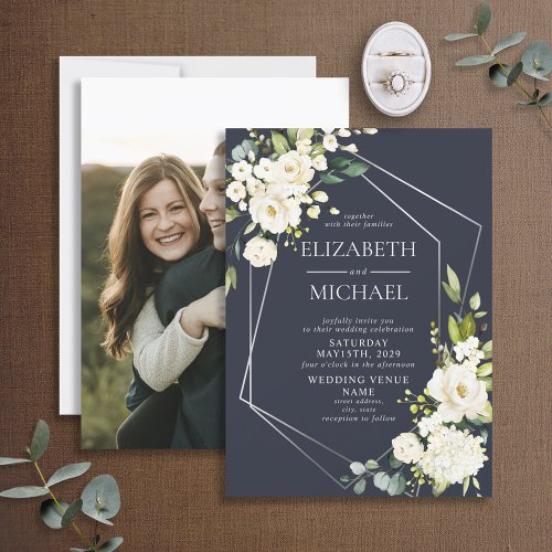 Silver Geometric Blue Floral Elegant Photo Wedding Invitation
