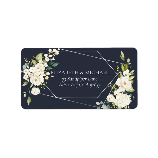 Silver Geometric Blue White Floral Address Label (Front)