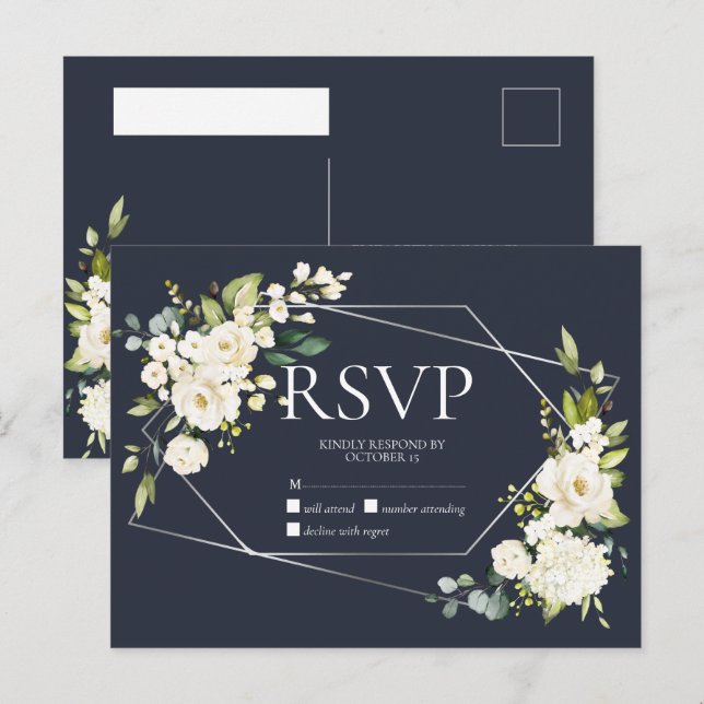 Silver Geometric Blue White Floral No Menu RSVP (Front/Back)