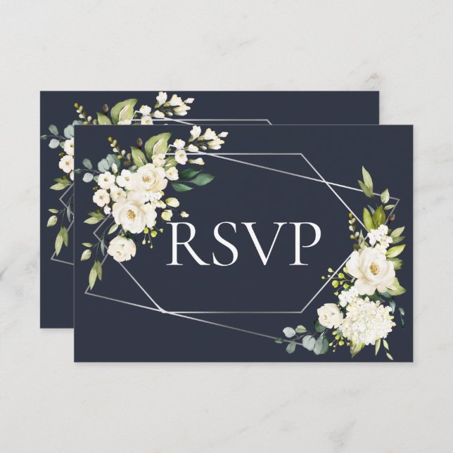 Silver Geometric Blue White Floral RSVP (Front/Back)