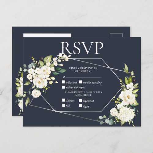 Silver Geometric Blue White Floral RSVP Invitation Postcard