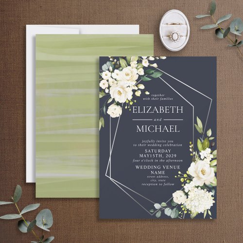 Silver Geometric Blue White Floral  Wedding Invitation