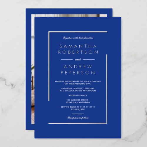 Silver geometric frame photo wedding blue foil invitation