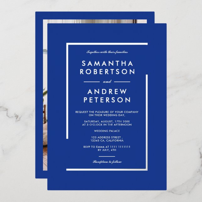 Silver geometric frame photo wedding blue foil invitation (Front/Back)