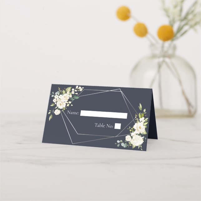 Silver Geometric Navy Blue White Floral Place Card (Front)