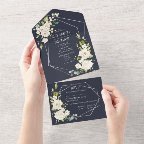 Silver Geometric Navy Blue White Floral Wedding All In One Invitation